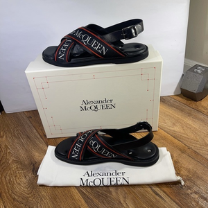 Alexander McQueen $650 Black Silver Crossed Hybrid Men’s Slide Sandals MCQ US 11